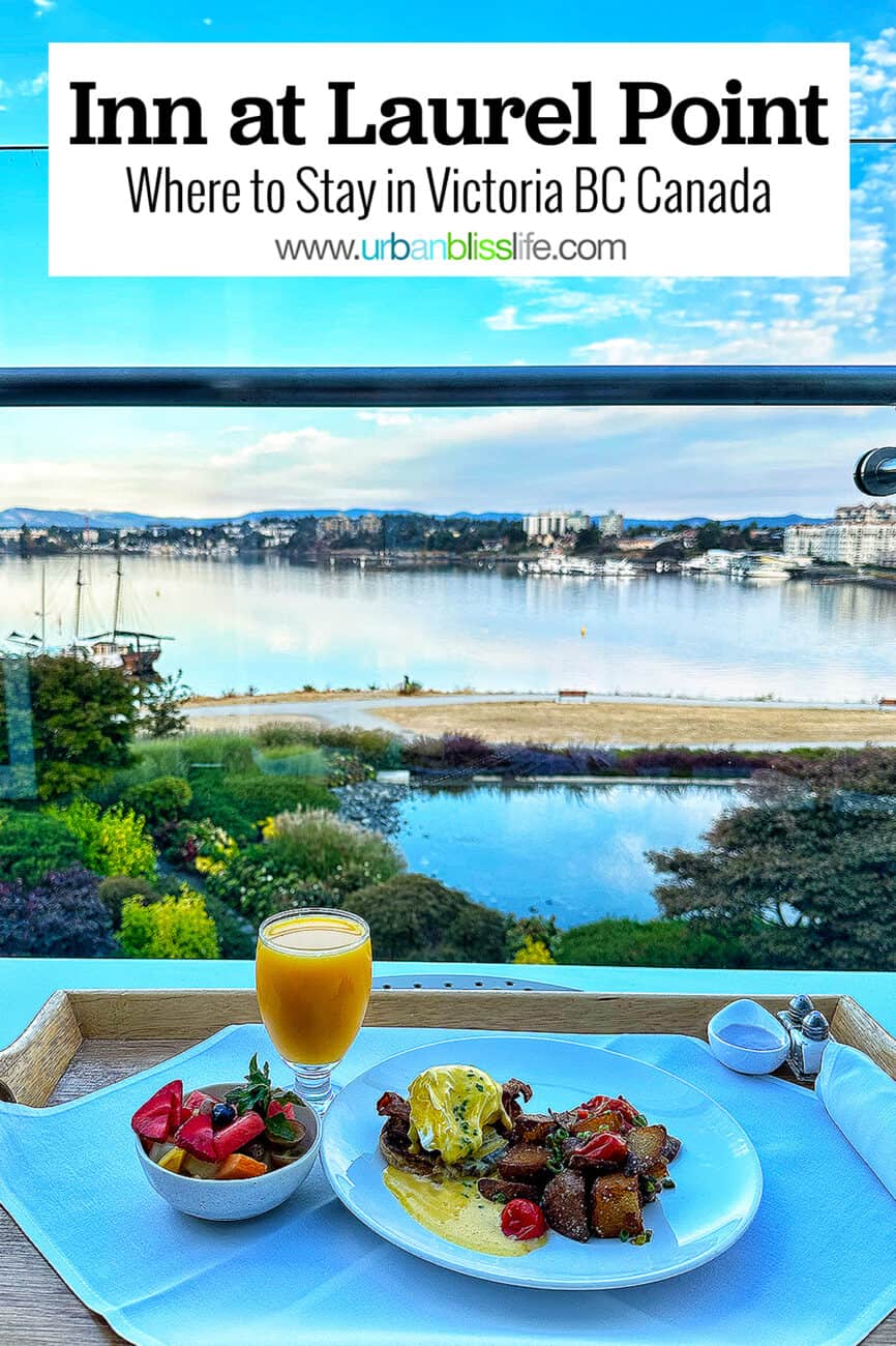 a plate of eggs benedict room service, and text overlay.