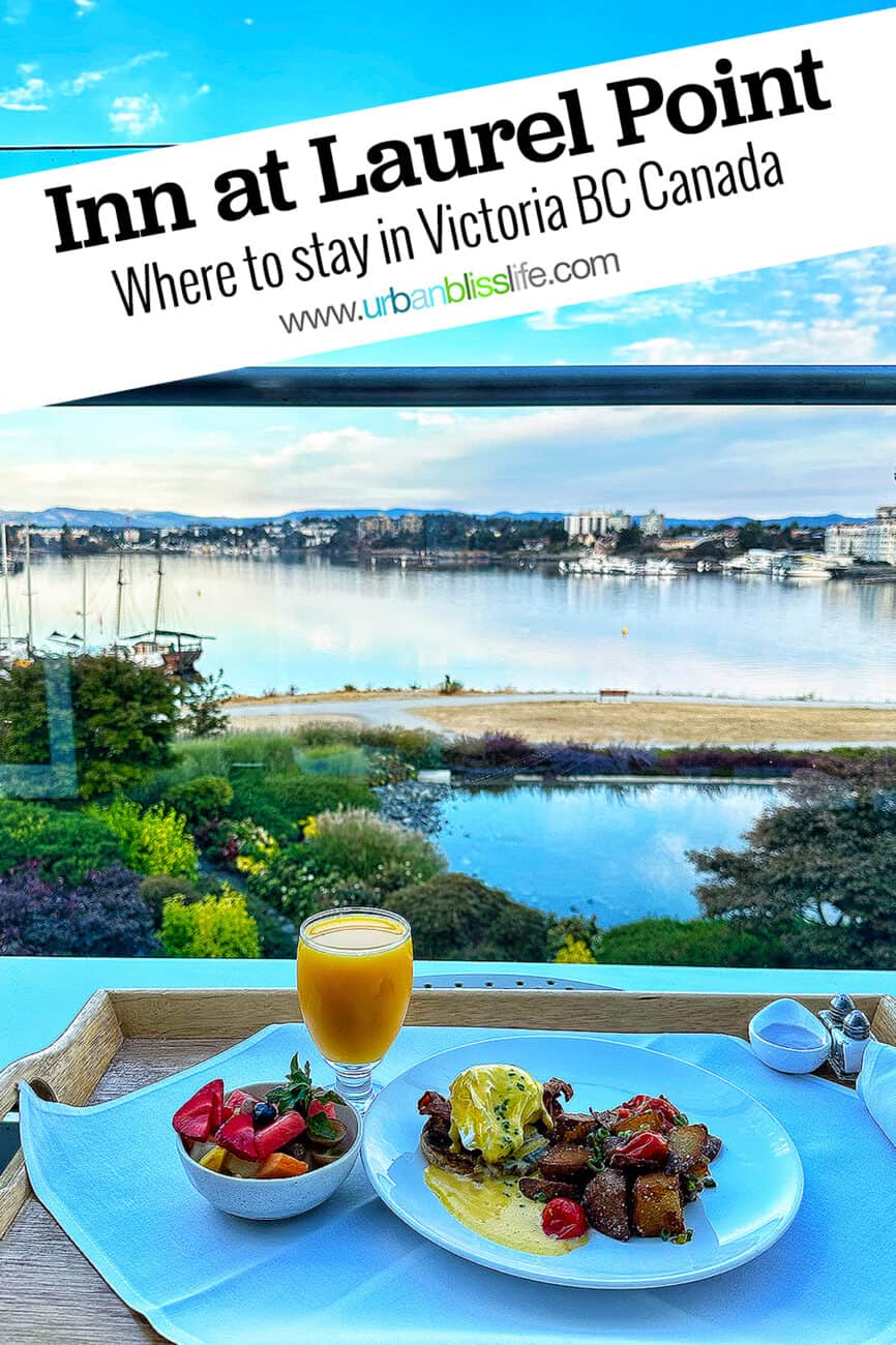 a plate of eggs benedict room service, and text overlay.