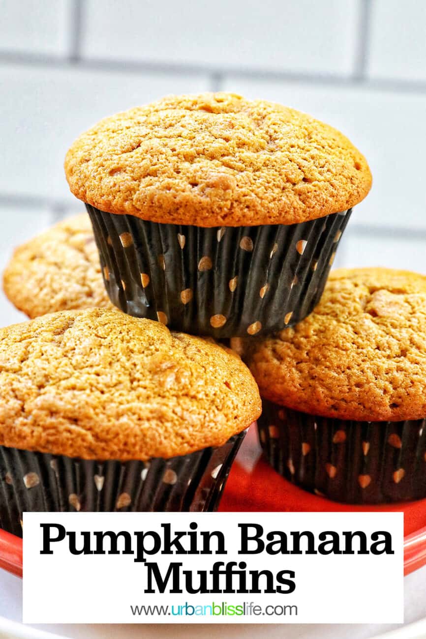 Stacks of pumpkin banana muffins on an orange plate.