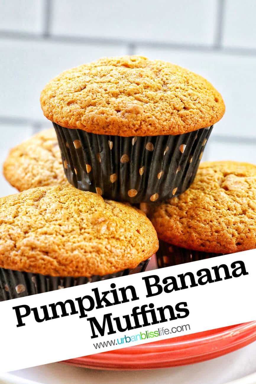 Stacks of pumpkin banana muffins on an orange plate.