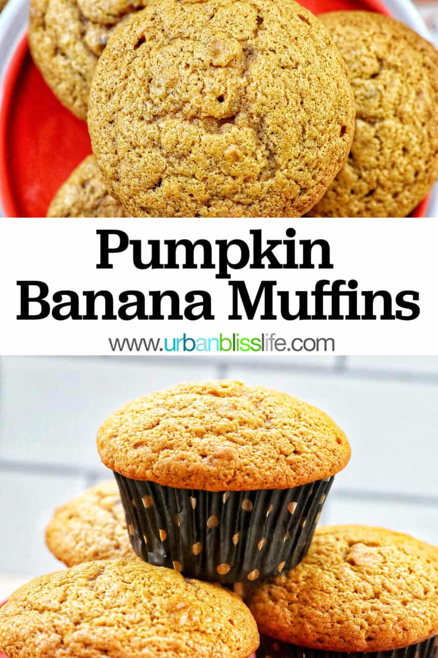 Stacks of pumpkin banana muffins on an orange plate.