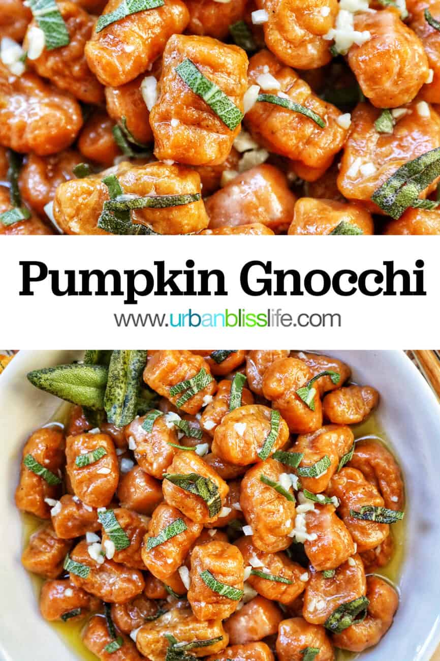 bowl of pumpkin gnocchi in sage butter sauce with title text overlay.