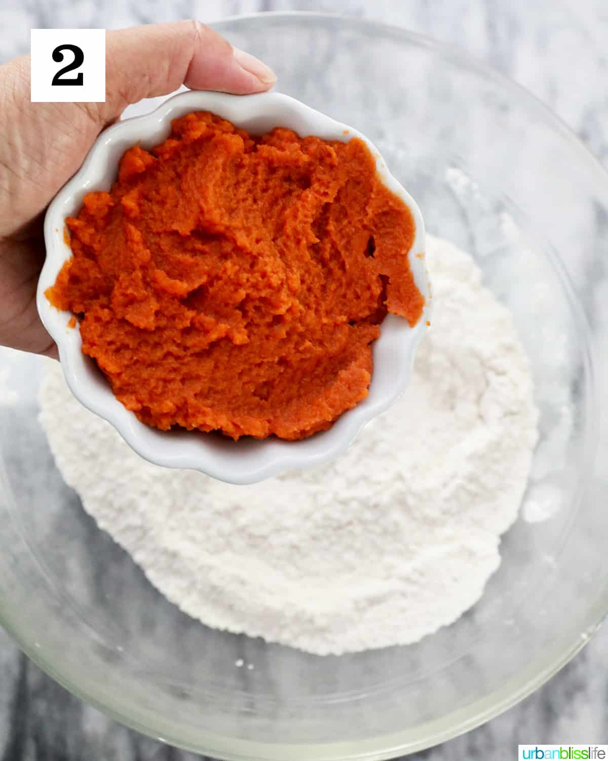 bowl of pumpkin puree over dry ingredients.