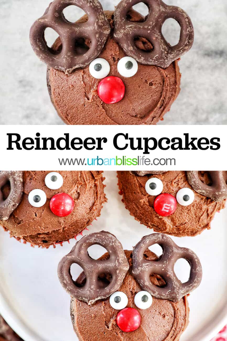 three reindeer cupcakes on a plate with title text overlay.