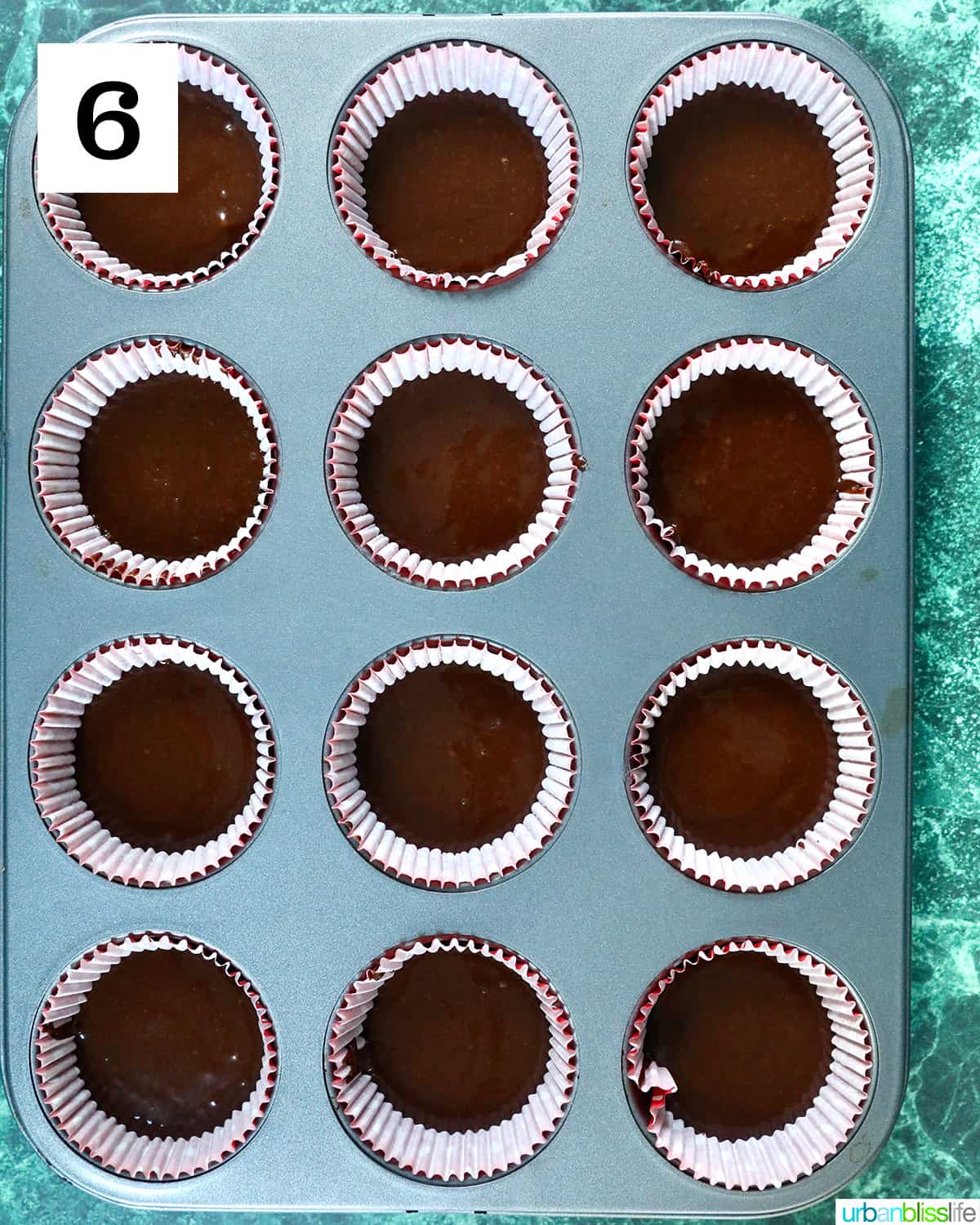 chocolate cupcake batter in a muffin tin ready to bake.