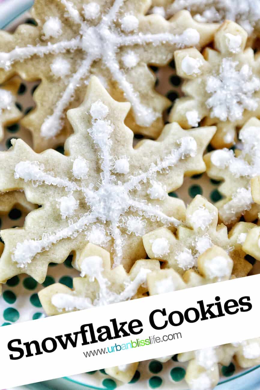 plate full of snowflake sugar cookies decorated with royal icing and decorator sugar.