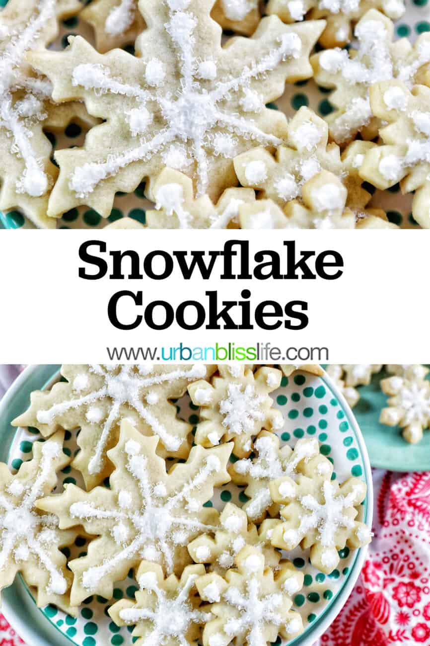 plates full of decorated snowflake cookies with text overlay
