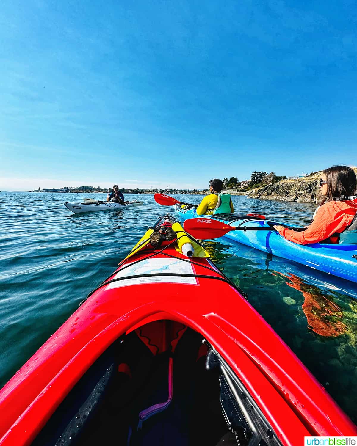 red kayak facing other kayaks in the Victoria BC Harbour.