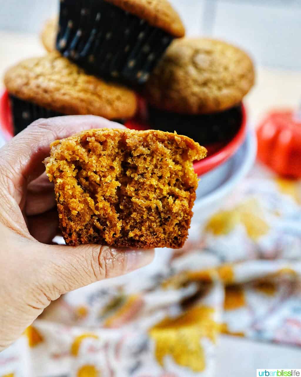hand holding a pumpkin banana muffin split in half revealing the inside. 