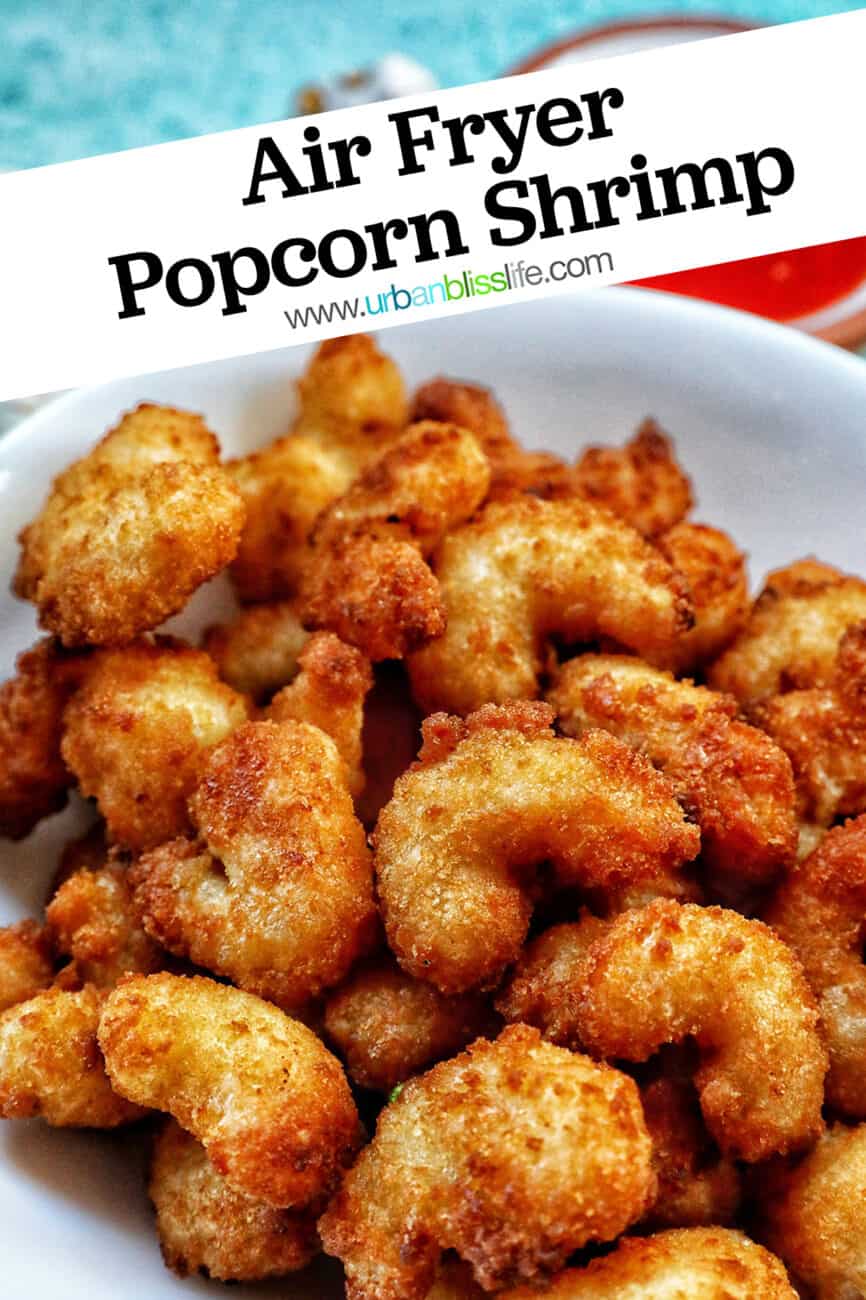 bowl full of air fryer popcorn shrimp with title text overlay.
