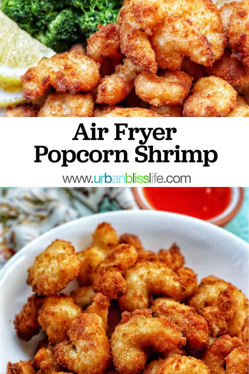 bowl full of air fryer popcorn shrimp with title text overlay.