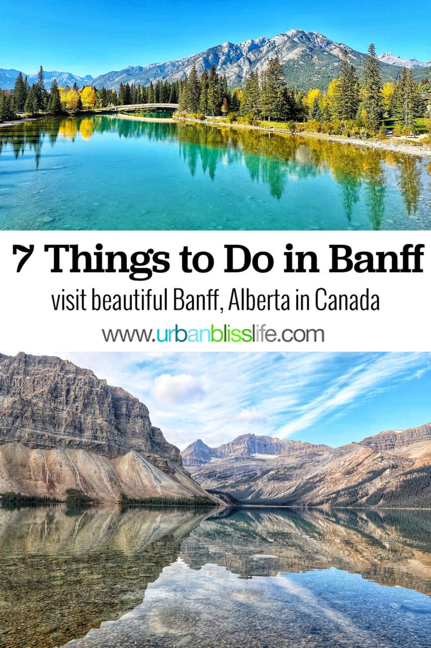bow river trail with mountains, title text overlay for things to do in Banff, mountains and Bow Lake.