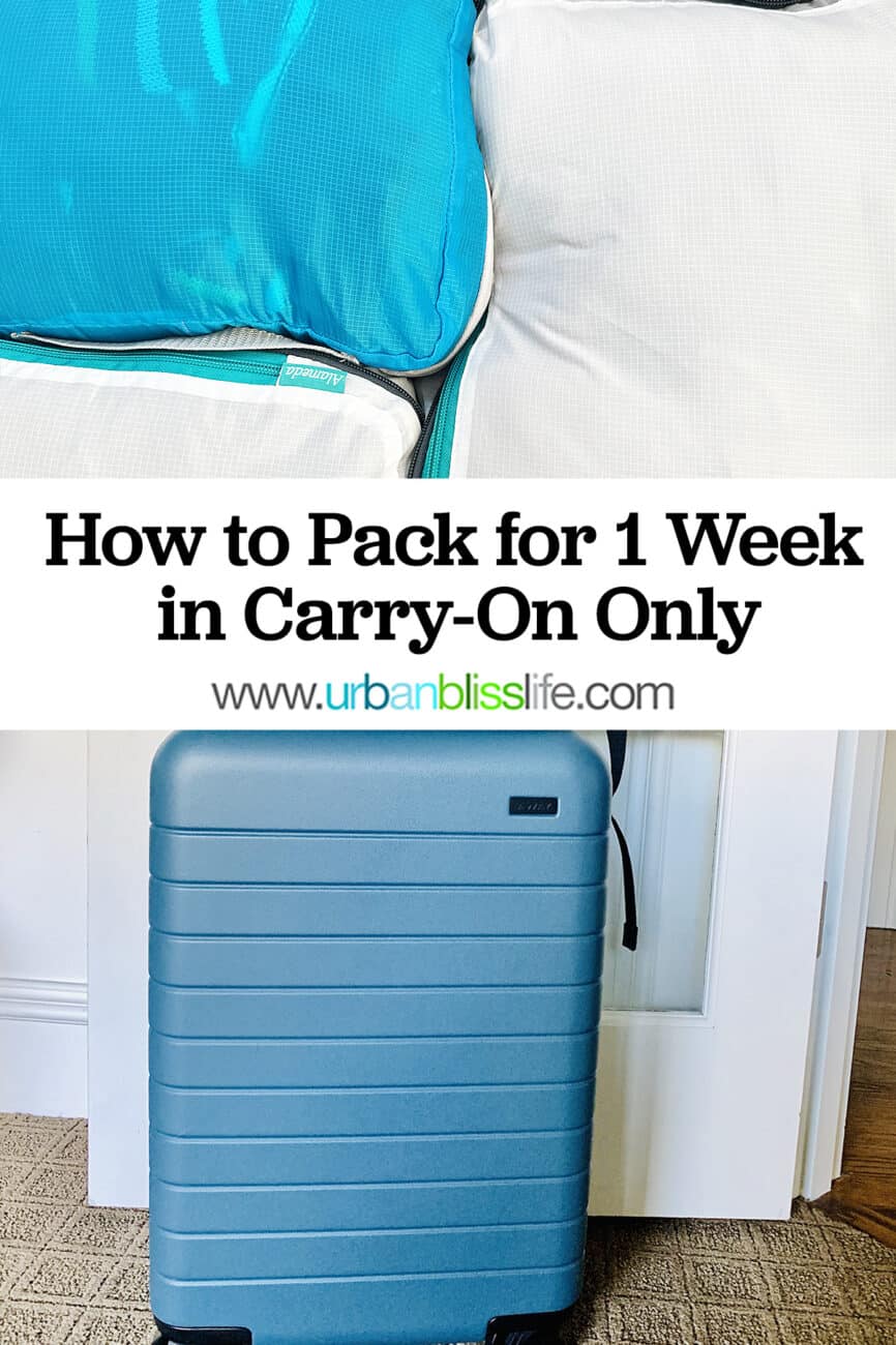 how to pack for a week in a carry on text overlay on photos of luggage and packing cubes.