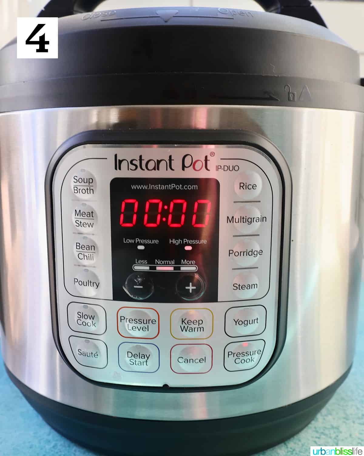 Instant Pot electric pressure cooker set to zero minutes.