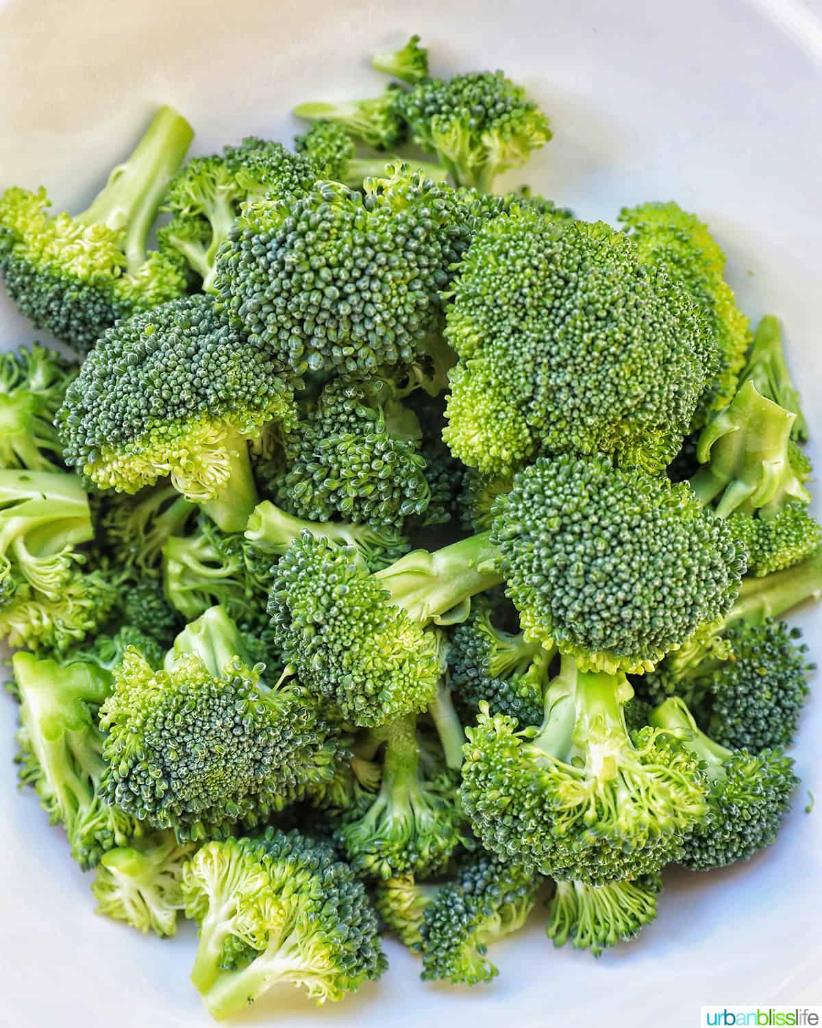 raw broccoli florets in a bowl.
