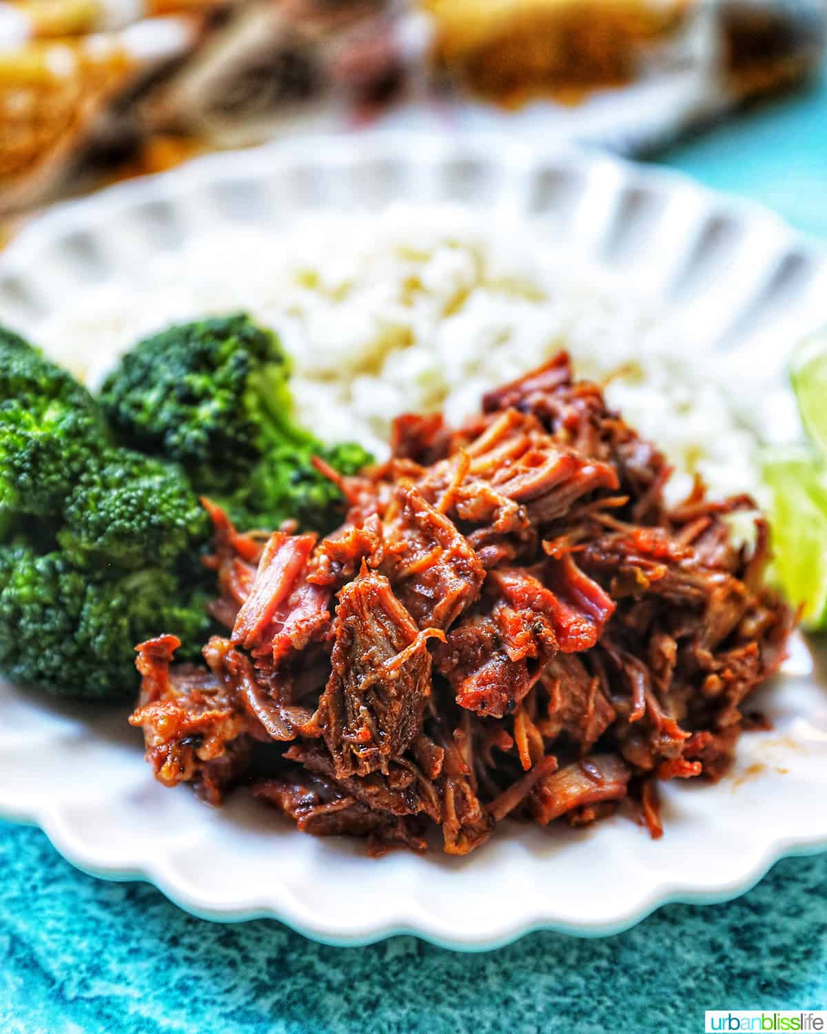 Mexican shredded beef on a plate with rice and broccoli.