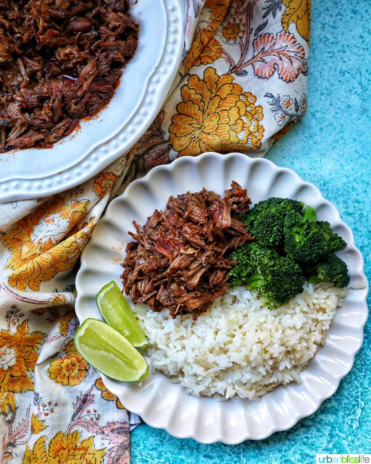 Mexican shredded beef on a plate with rice and broccoli.