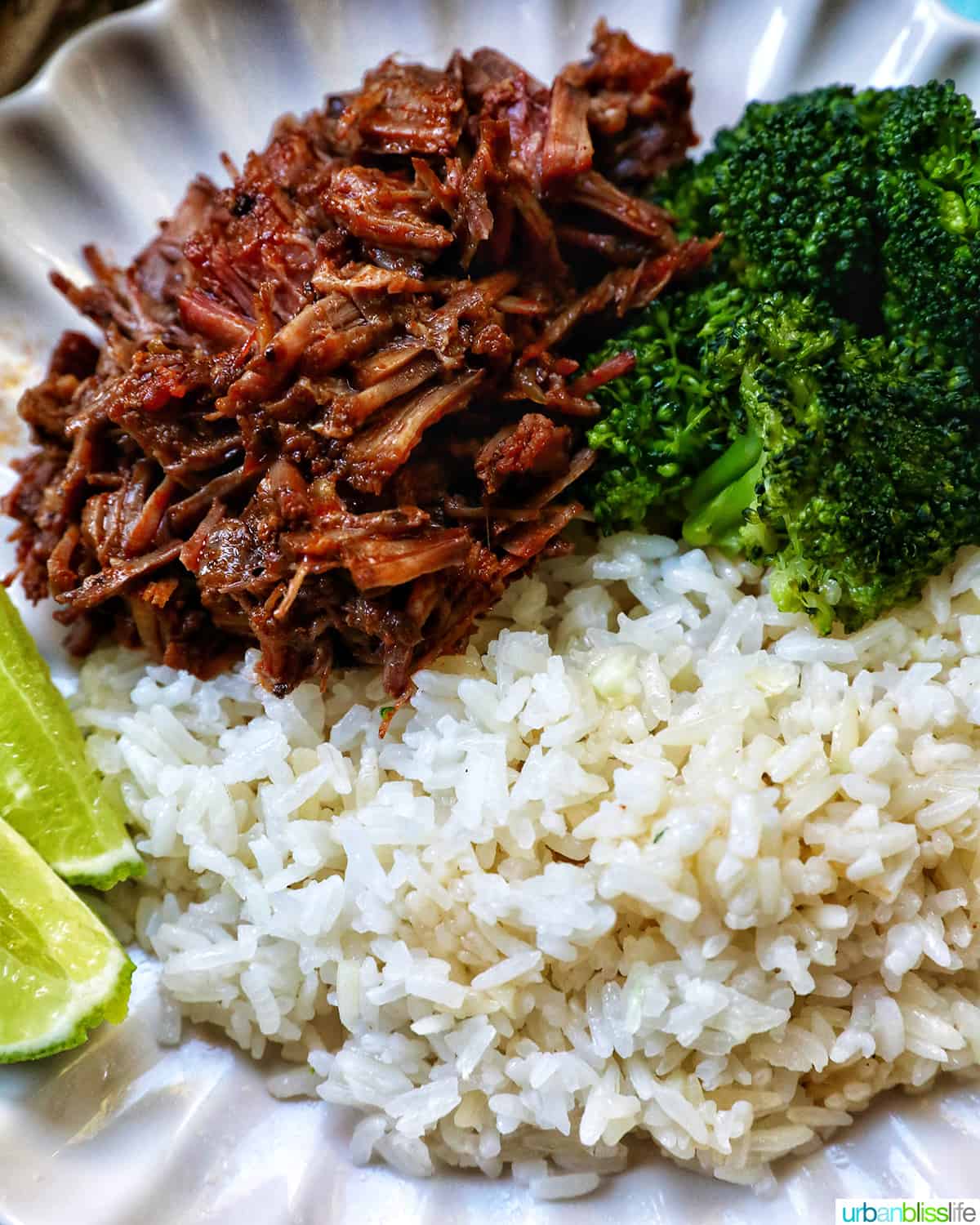 Mexican shredded beef on a plate with rice and broccoli.