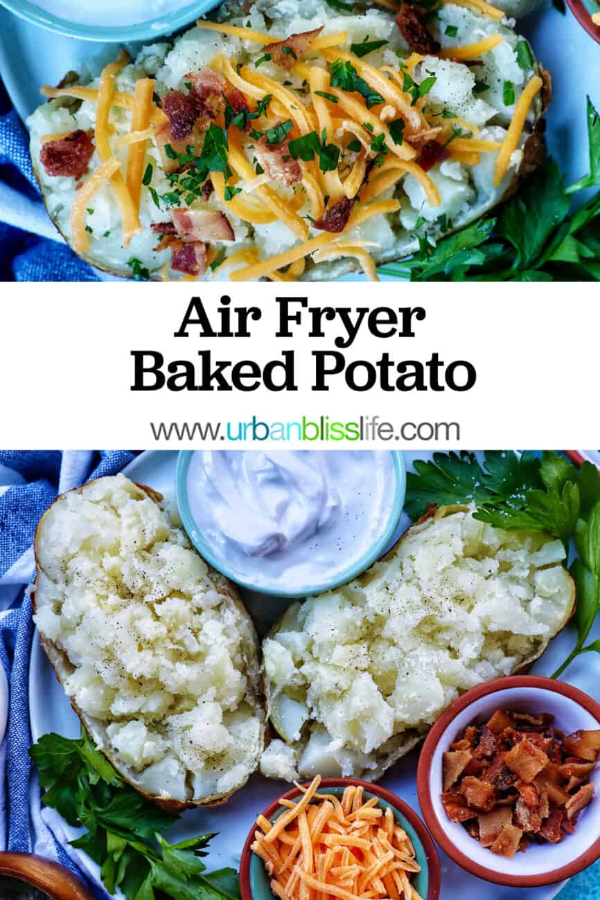 Loaded ninja foodi baked potato with title text overlay and sides of sour cream, cheddar cheese, parsley, and bacon.