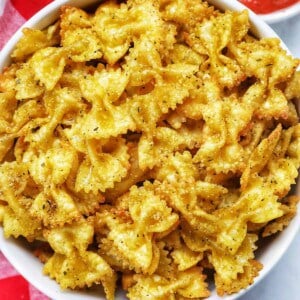 bowl of Air Fryer Pasta Chips in a white bowl.