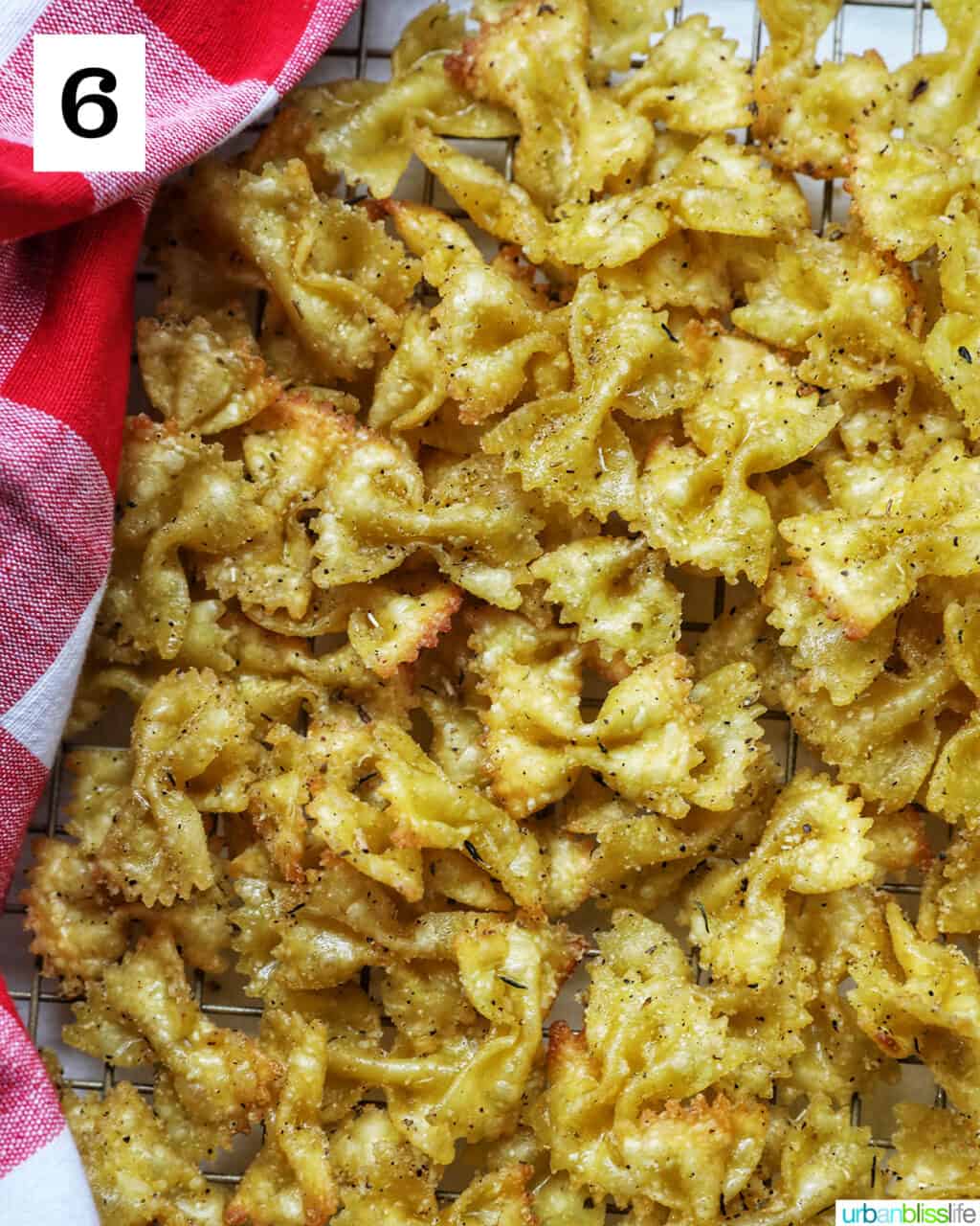 air fryer pasta chips and red and white checker cloth.