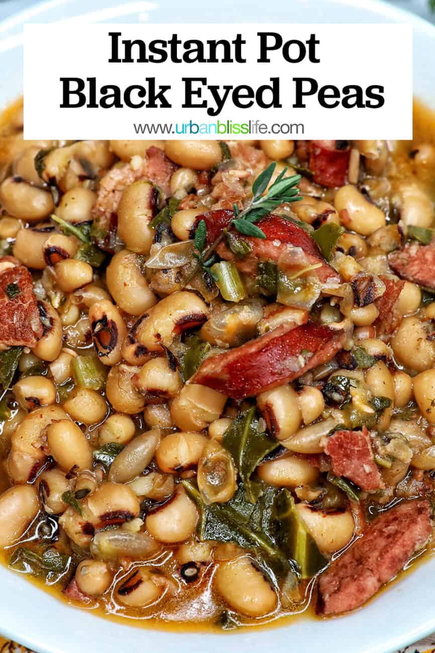 Instant Pot black eyed peas with scoop of white rice in a white bowl with title text overlay.