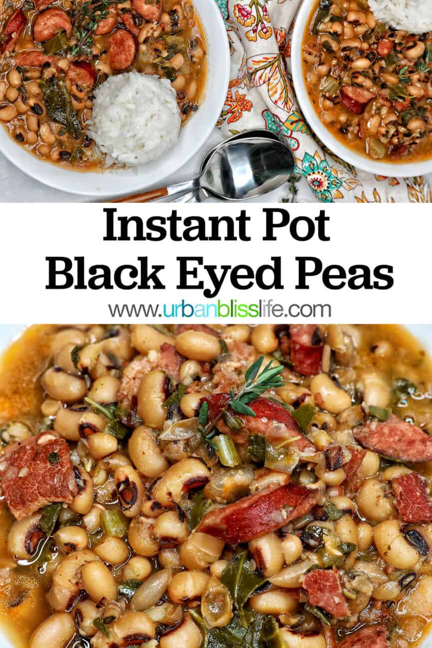 Instant Pot black eyed peas with scoop of white rice in a white bowl with title text overlay.