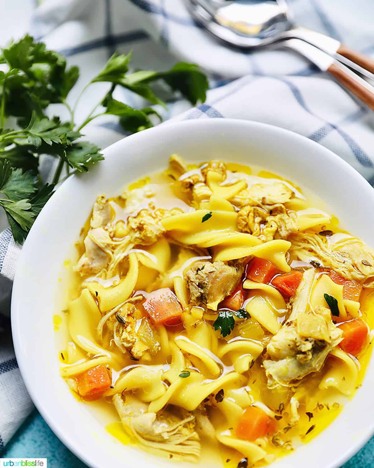 immunity boosting chicken soup with noodles in white bowl with spoons and parsley