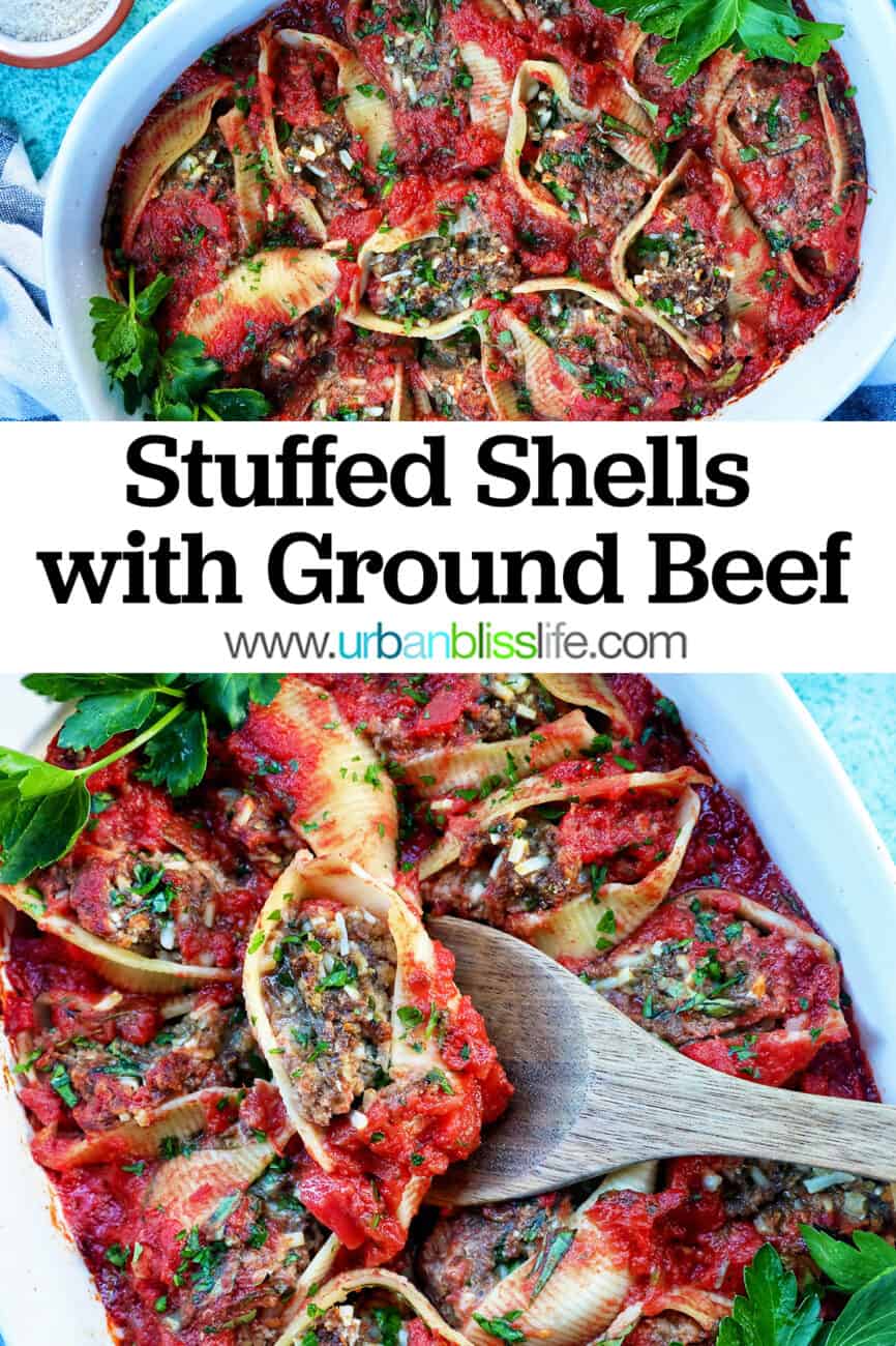 wooden spoon holding up one stuffed pasta shell above a casserole dish full of stuffed shells with ground beef with title text overlay.