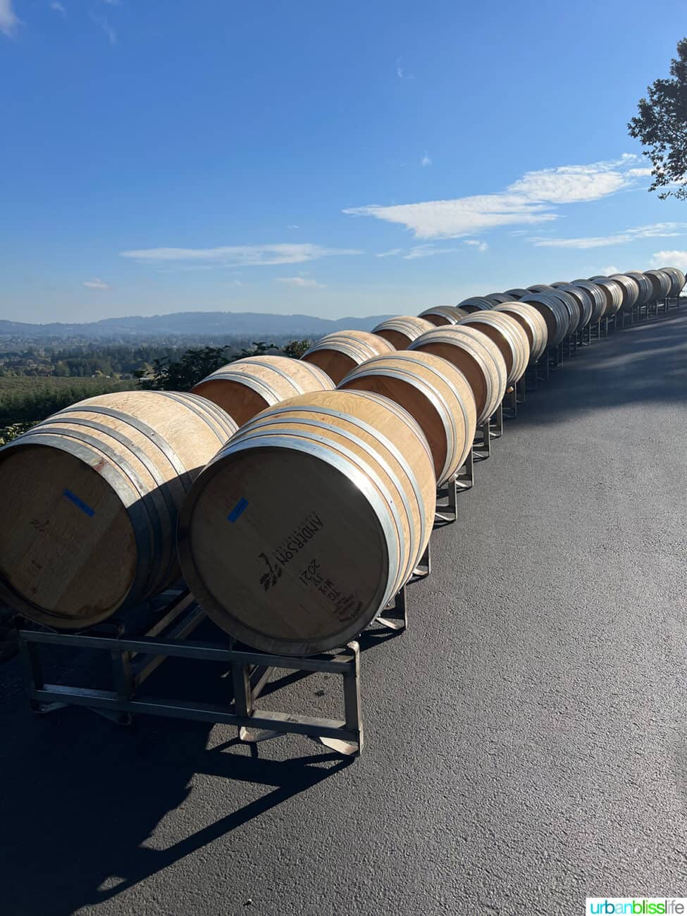 anderson family vineyard in newberg, oregon wine barrels stacked in a row