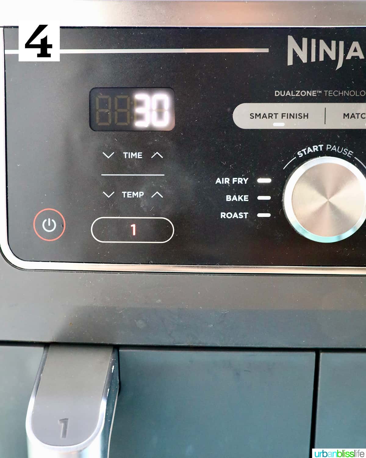 Ninja Foodi air fryer set to 30 minutes and air fry.