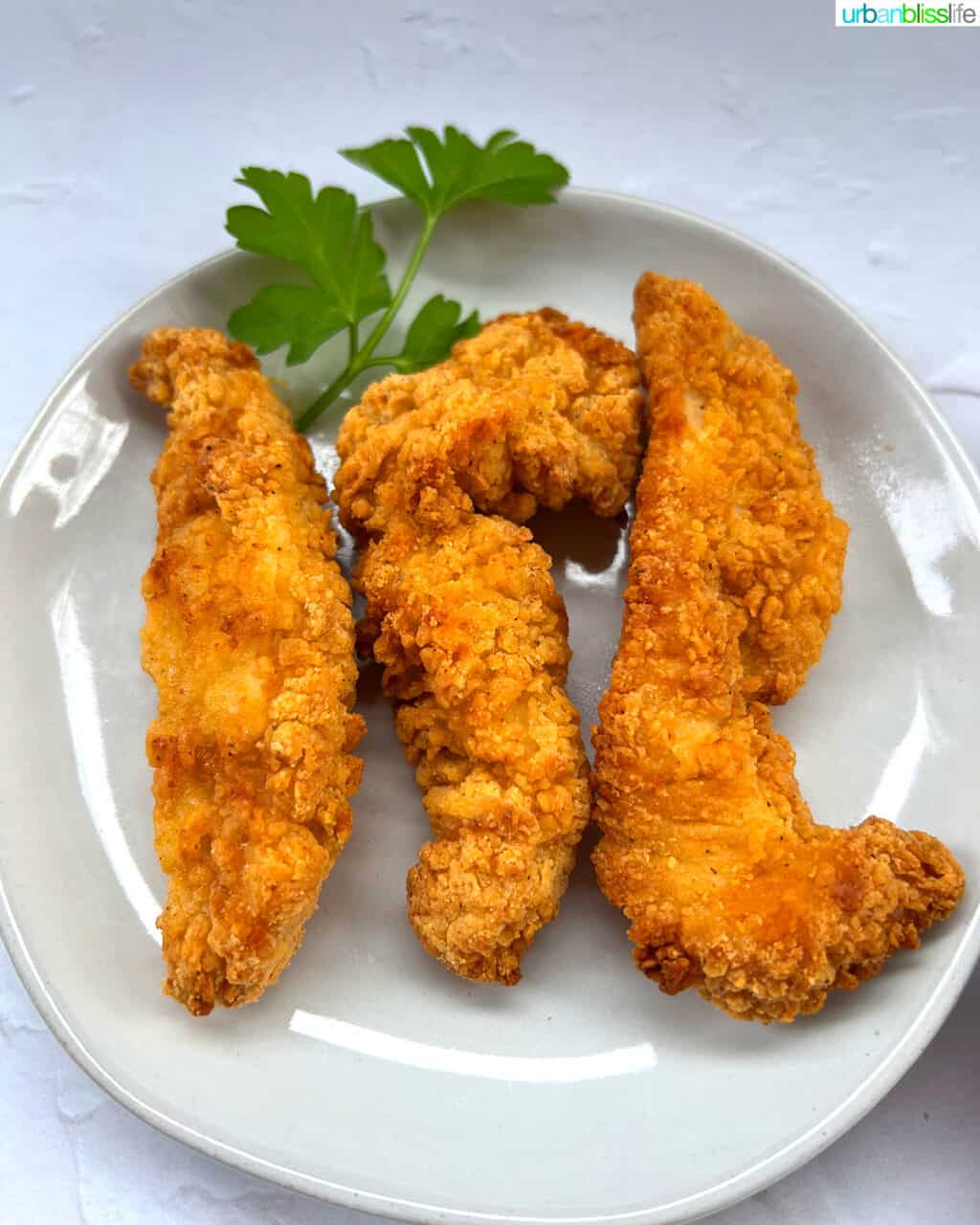 air fryer chicken tenders on plate with parsley