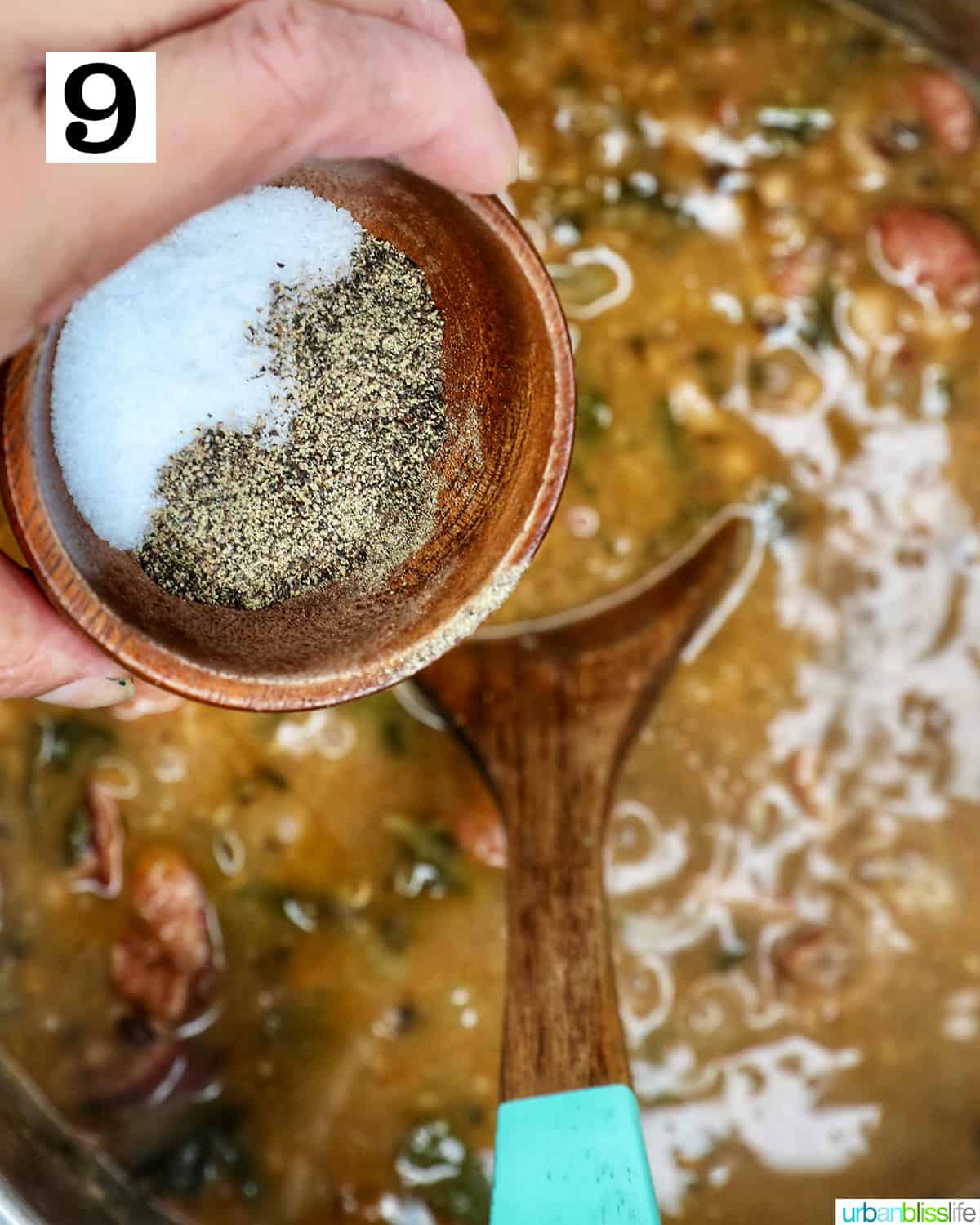 hand holding bowl of salt and pepper over instant pot black eyed peas.