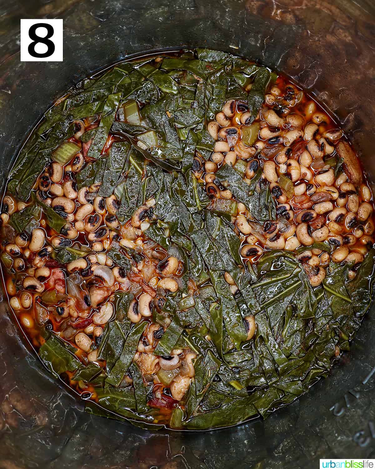 black eyed peas with scoop of white rice in the Instant Pot.