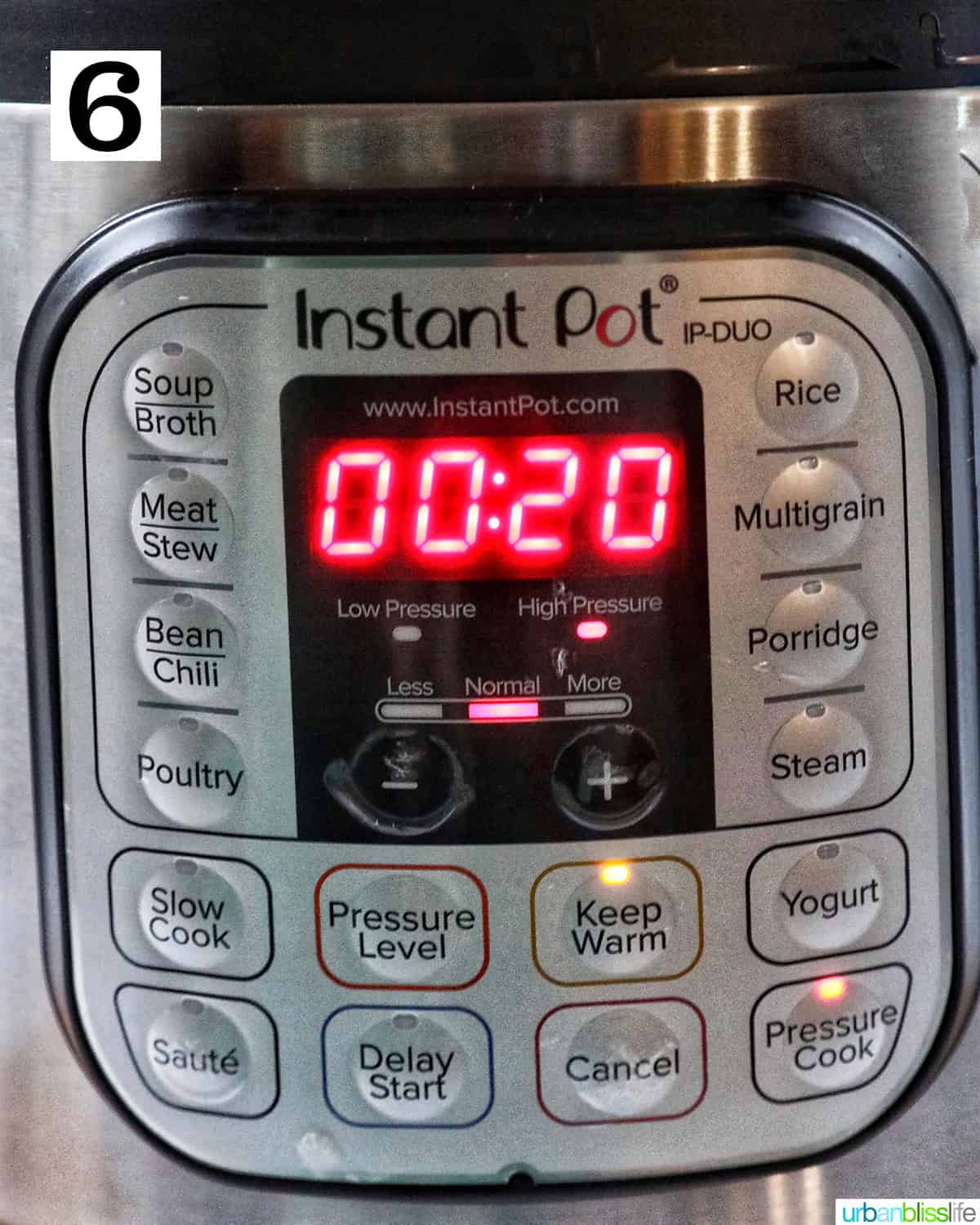 Instant Pot set to pressure cook on high pressure for 20 minutes.