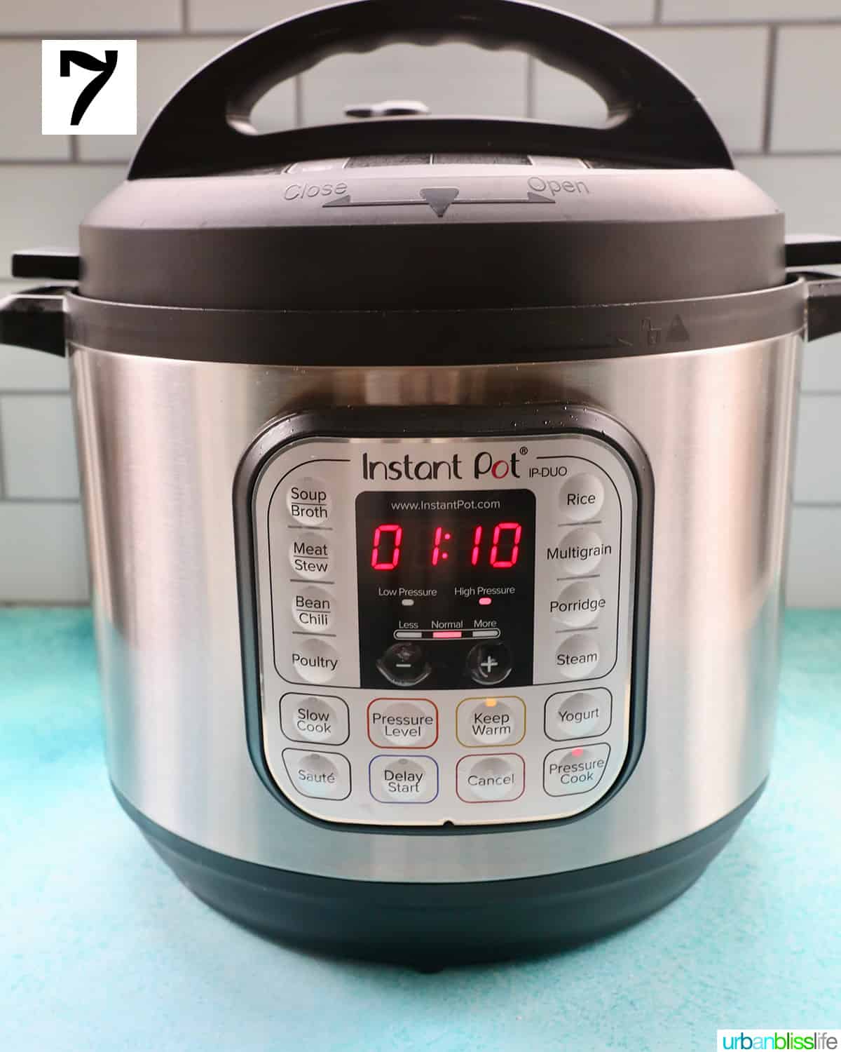 Instant Pot set to pressure cook on high for 1 hour and 10 minutes.