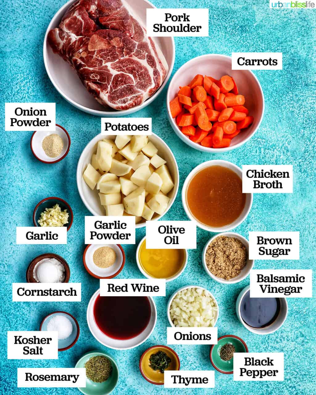 bowls of many ingredients to make pork roast in the electric pressure cooker, on a blue background.