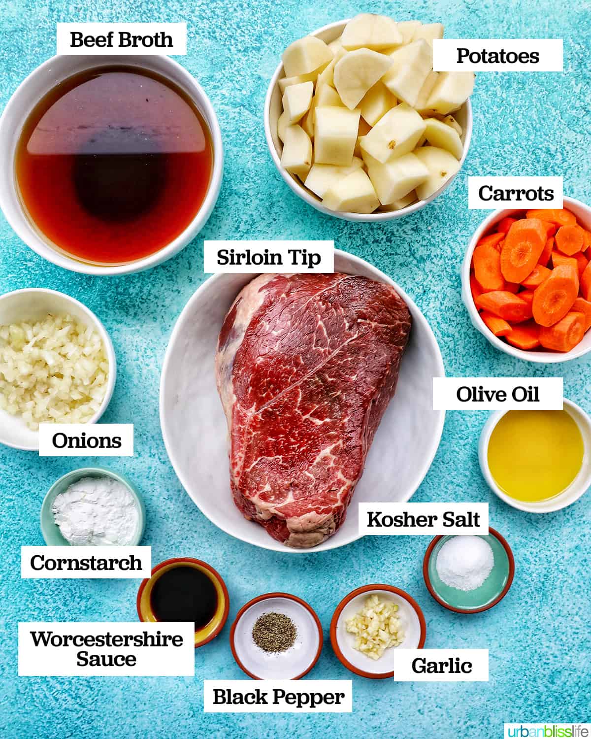 bowls of ingredients to make Instant Pot SIrloin Beef Roast on a blue table.