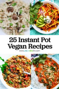 four photos of Instant Pot Vegan Recipes including soups, risotto, burrito bowl, and stew, with title text overlay.
