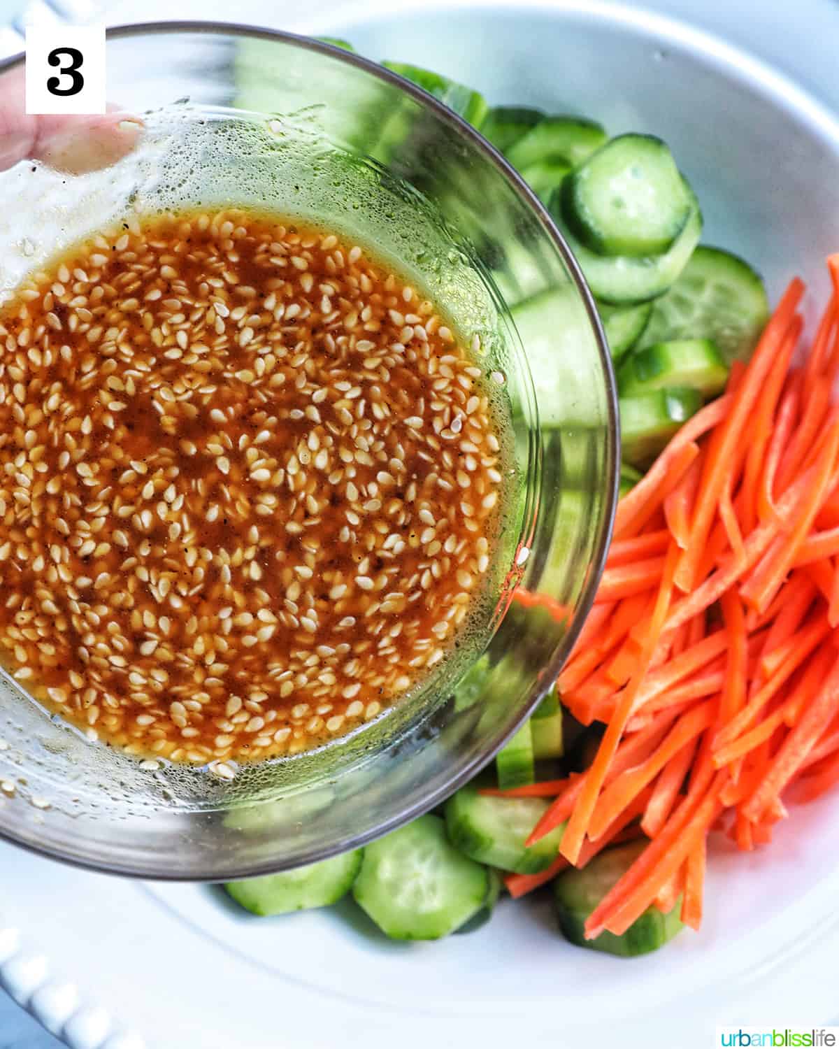 bowl of sauce over bowl of carrots and cucumbers.