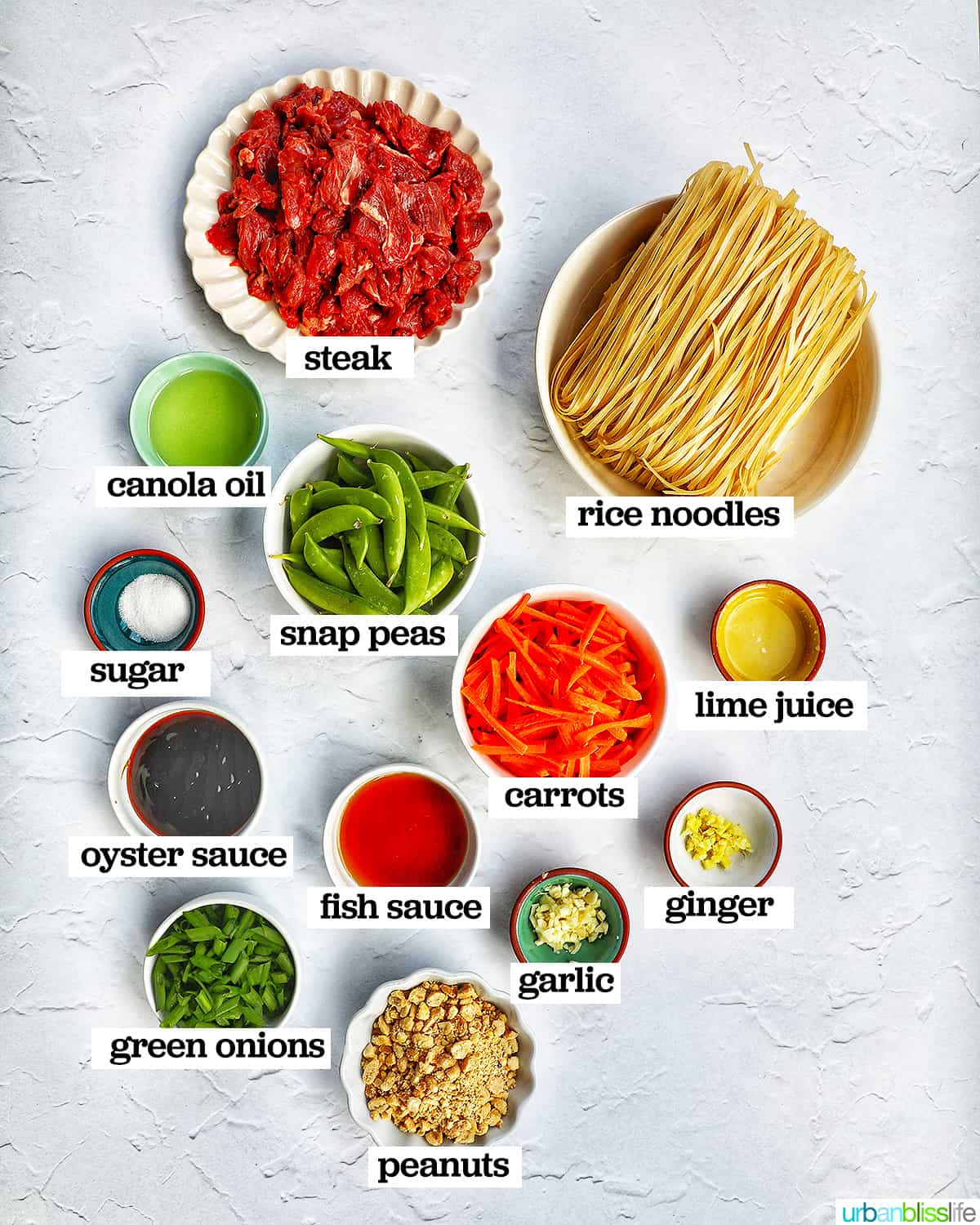 bowls of ingredients to make beef pad thai noodles on a white table.