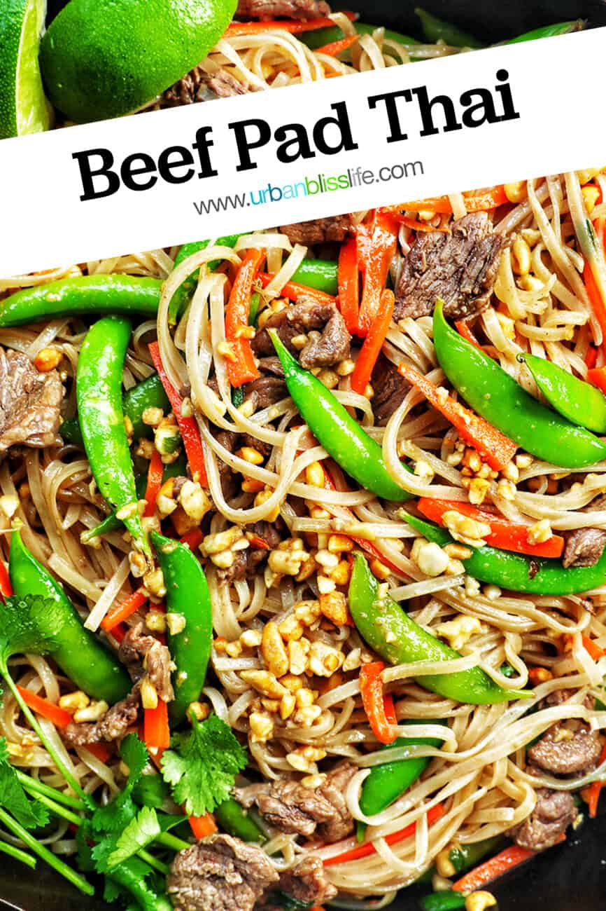 beef pad thai noodles with vegetables and title text overlay.