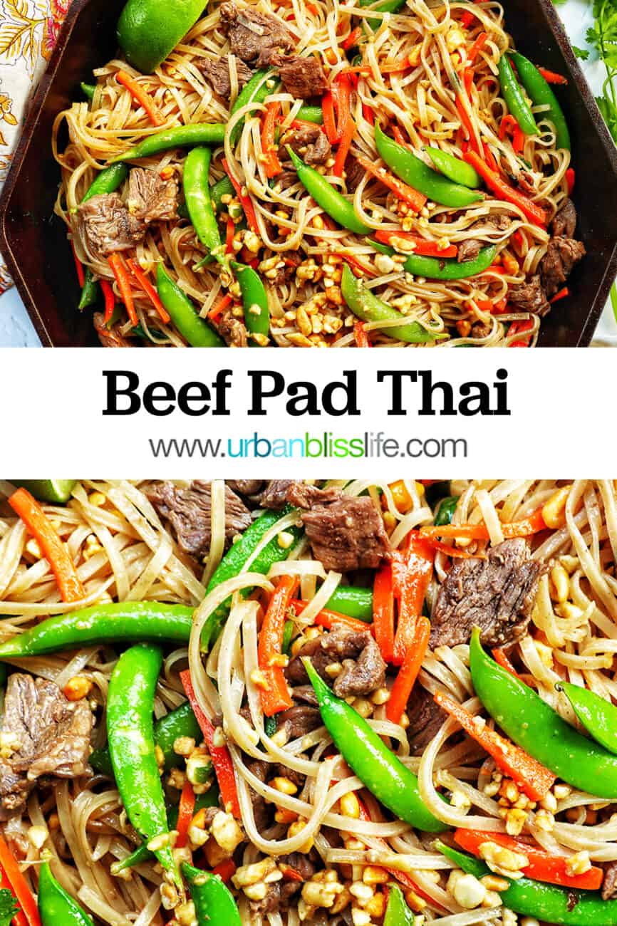 beef pad thai noodles with vegetables and title text overlay.