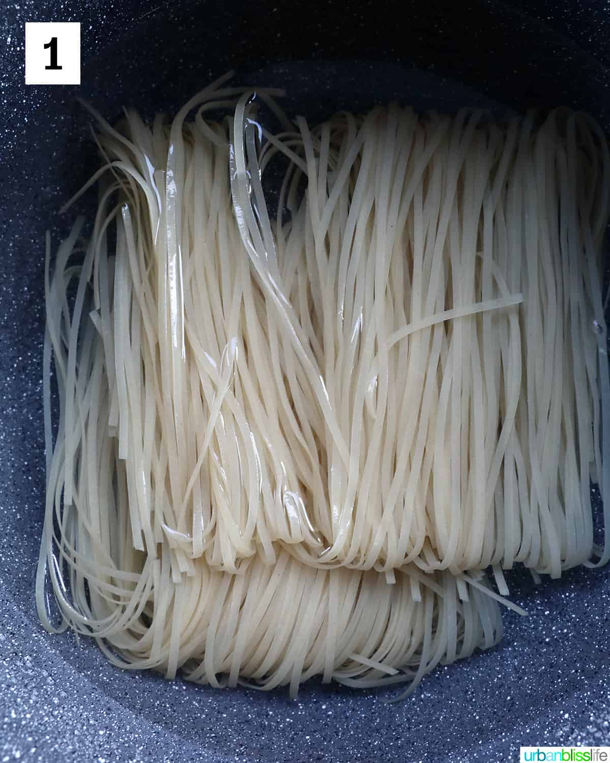 rice noodles soaking in a large pot of water.