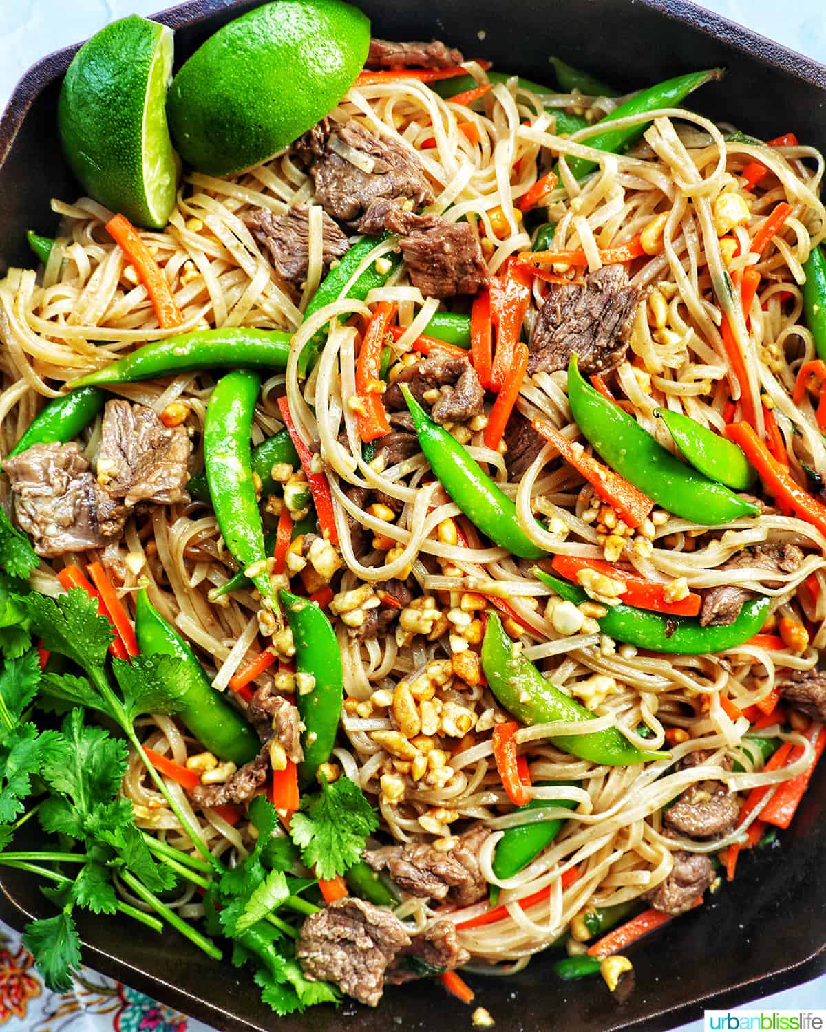 beef pad thai noodles with vegetables, lime wedge, and parsley in a cast iron skillet.