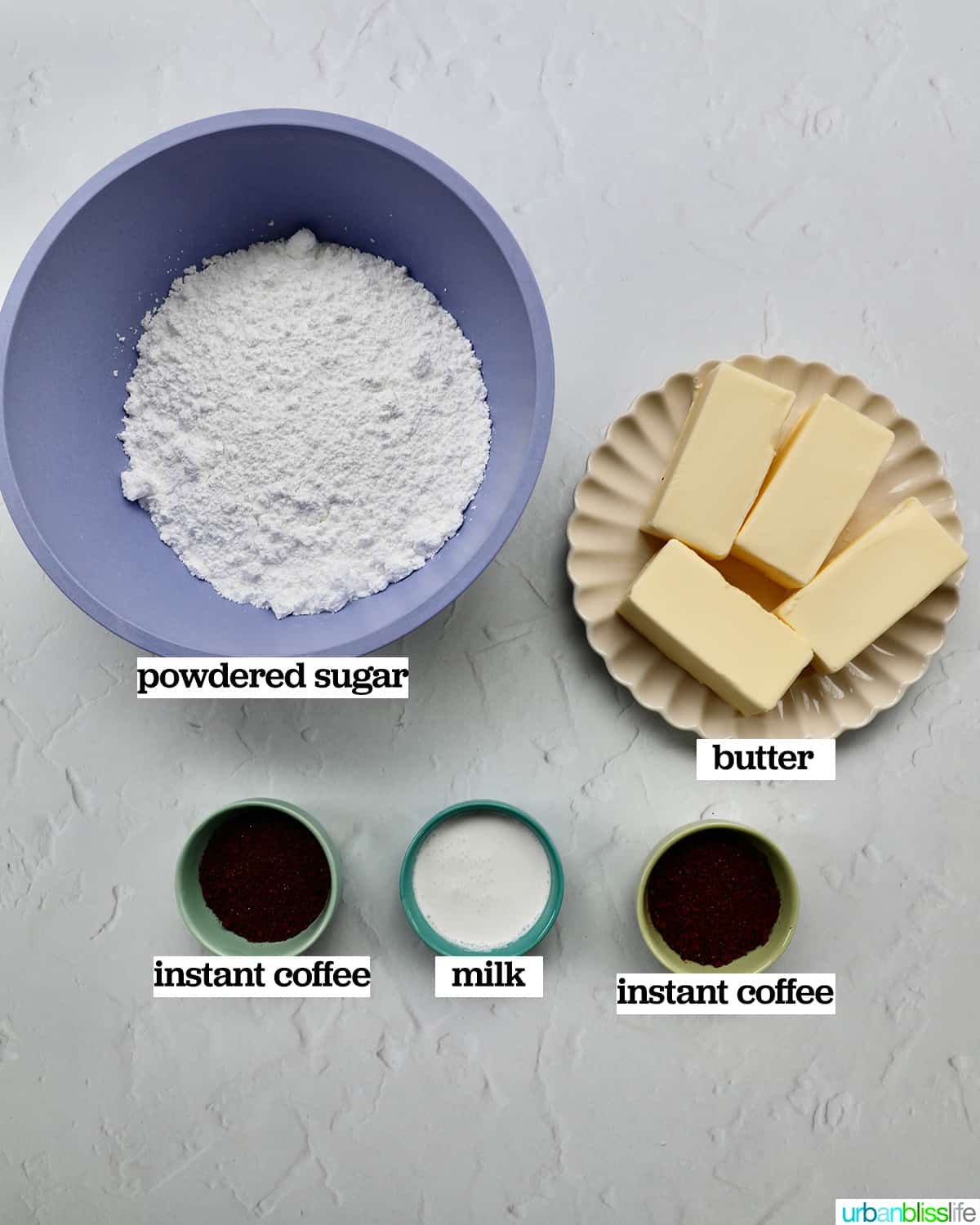 bowls of ingredients to make chocolate coffee frosting.