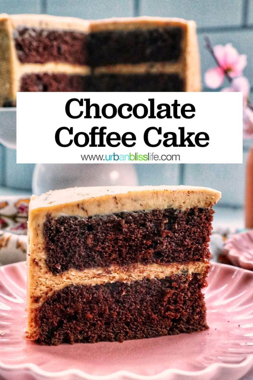 slice of chocolate coffee cake on a pink plate with text that reads Chocolate Coffee Cake.