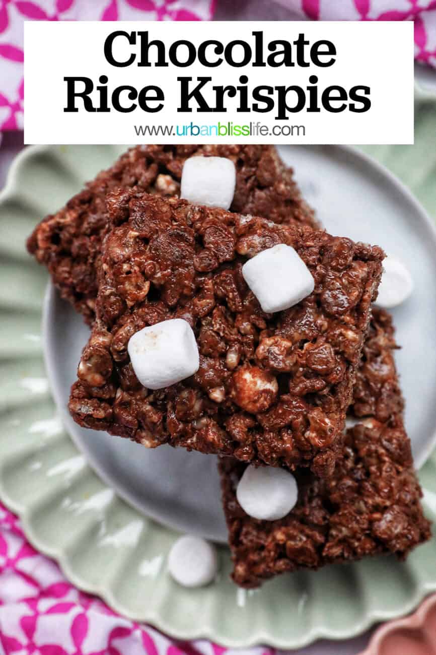 chocolate rice krispies treats stacked with text overlay