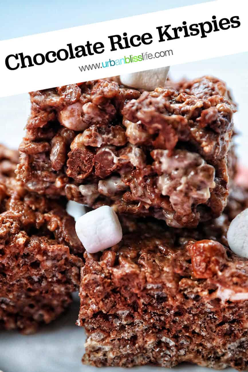 chocolate rice krispies treats stacked with text overlay