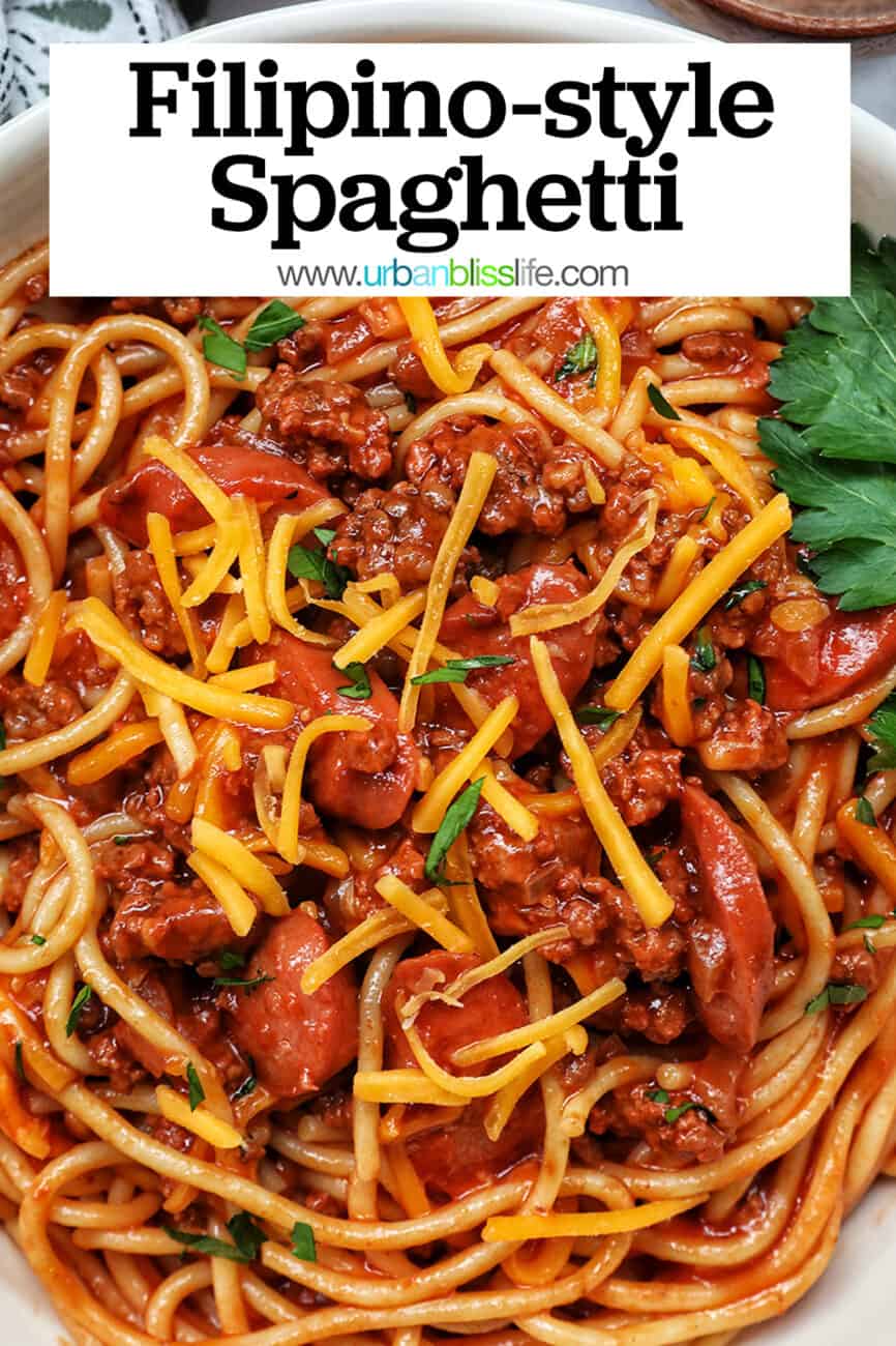 Jolibee spaghetti in a bowl with parsley, shredded cheese with text reading Filipino-style Spaghetti.